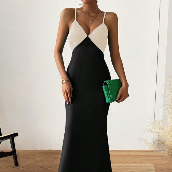 Multicolor Elegant Women's Spaghetti Strap Maxi Dress With Color Block Patchwork - Picture 7 of 8